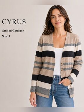 CYRUS women long striped casual preppy cozy cardigan /size L
